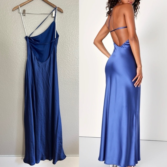 Flirtatious Evenings Blue Satin Asymmetrical Backless Maxi Dress - Picture 3 of 6